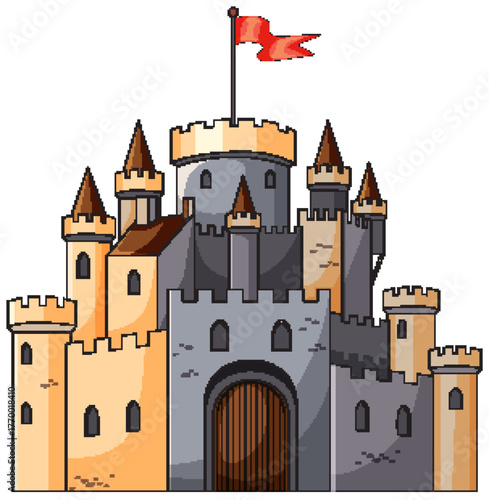 Medieval Stone Castle with Red Flag Illustration