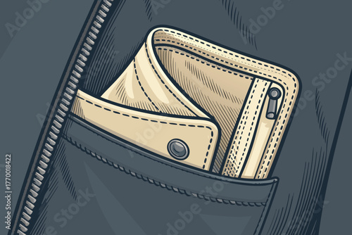 Extreme close-up, empty fabric pocket, inside-out, flat lay, frayed threads, lint, subtle textures, showing poverty.