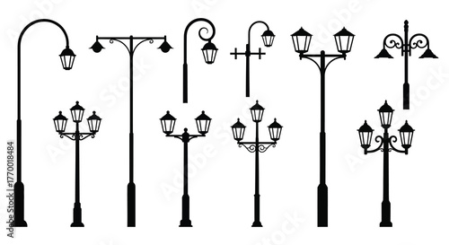 Collection of diverse vintage street lamp silhouettes against a white background showcasing various designs and styles silhouette