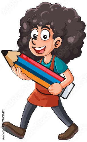 Cartoon Artist Carrying Large Colorful Pencil Illustration