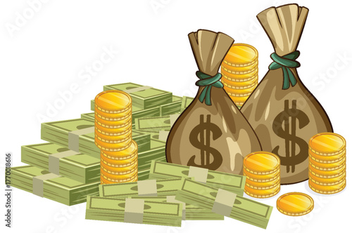 Stacks of Cash and Gold Coins with Money Bags