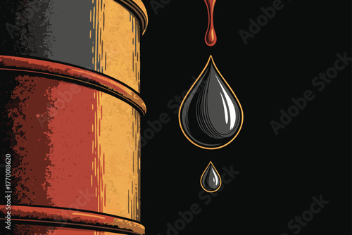 Macro view of single, pristine oil droplet detaching from weathered metal barrel, symbolizing environmental impact, industry's hold, and resource depletion.