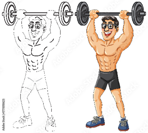 Cartoon Muscular Man Lifting Barbell Overhead in Gym