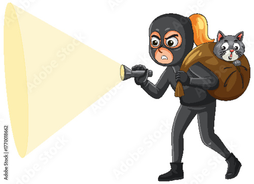 Female Burglar in Black Suit Carrying Cat in Sack