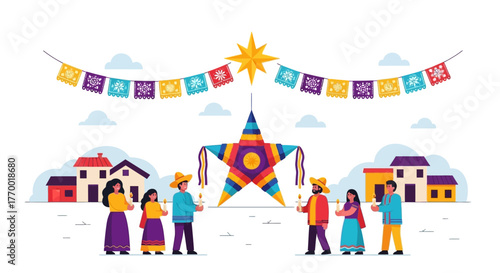 A group of people celebrating around a star piñata with colorful banners in a village