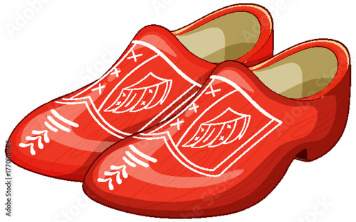 Red Dutch Wooden Clogs with Traditional White Patterns