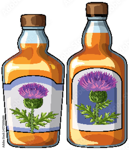 Two Whiskey Bottles with Thistle Flower Labels