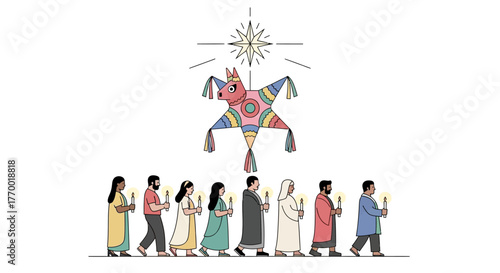 A group walks holding candles under a star and a donkey piñata