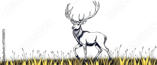 Elegant, continuous line drawing of a majestic stag,  graphic,  nature art