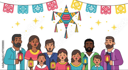 A group sings carols below stars with a piñata and bunting overhead holding lanterns