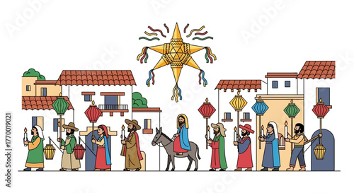 A Las Posadas procession walks past buildings under a large star piñata