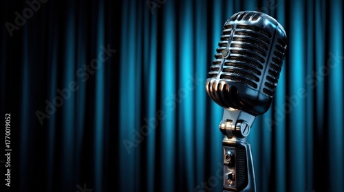 Vintage Microphone on Stage with Blue Curtain Background