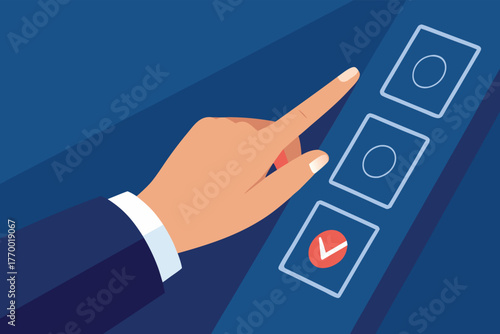 Extreme close-up of a human finger pressing the 'Confirm' button on a digital interface, hand gesture, decisive action, completing transaction.