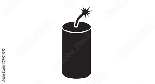 A simple black silhouette of a stick of dynamite with a burning fuse isolated on a white background representing danger or explosive power silhouette