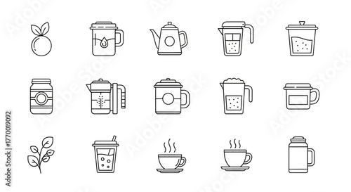 A diverse collection of tea and coffee related line art icons. EPS Editable