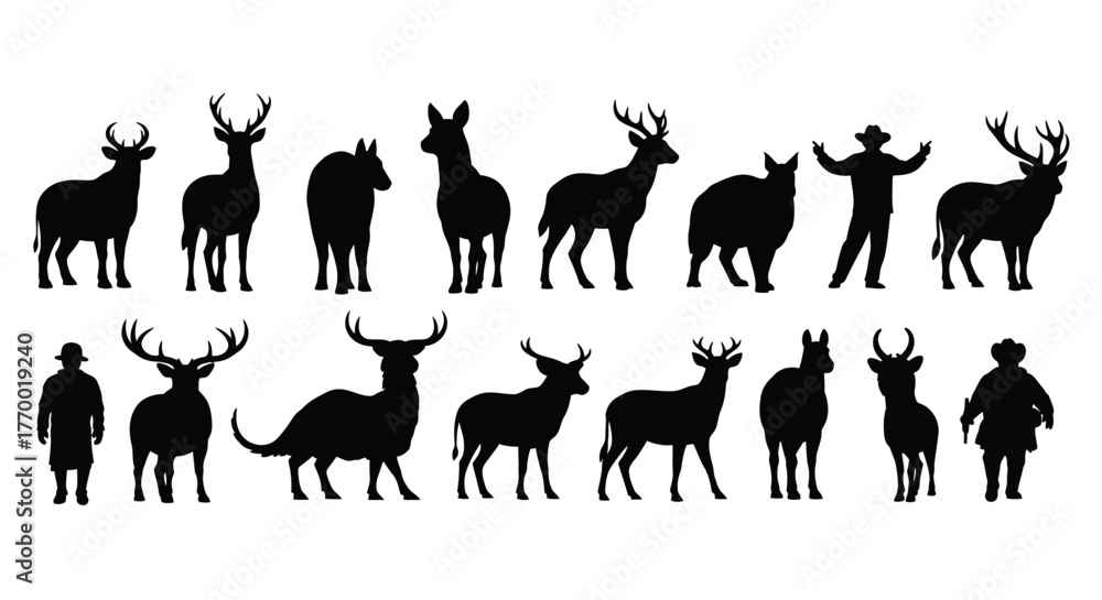 Fototapeta premium Collection of black deer and hunter silhouettes isolated on a white background. EPS Editable