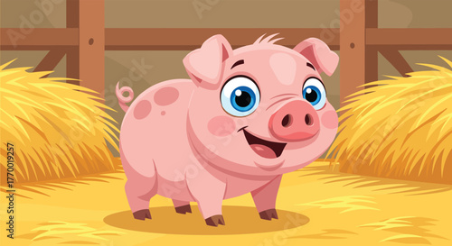 An adorable pink cartoon piglet grins joyfully in a rustic farm barn, surrounded by soft, golden hay.