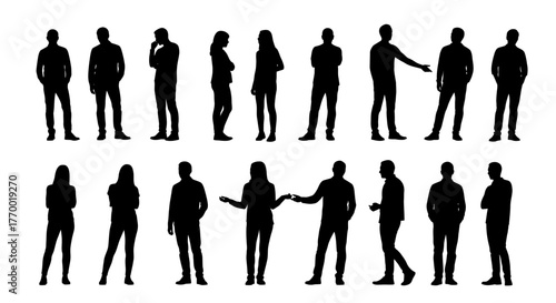Collection of black silhouettes of men and women in various standing poses on a white background. EPS Editable