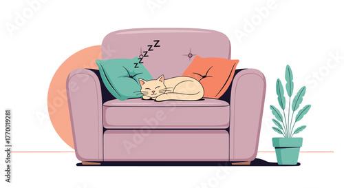 A cute beige cat peacefully sleeps on a cozy light purple armchair with colorful pillows, accompanied by a potted plant and a warm background circle.