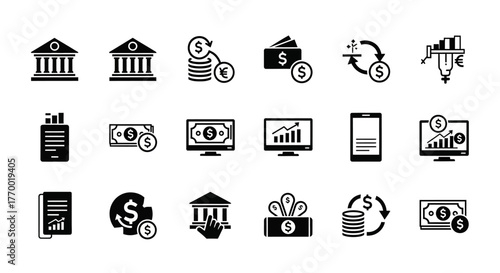 Collection of Financial and Business Icons Representing Banking and Investment. EPS Editable