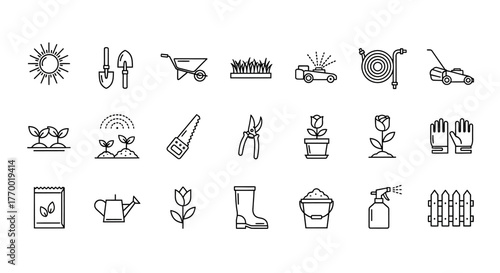 Collection of Garden Tools and Plants in Black and White Outlines. EPS Editable