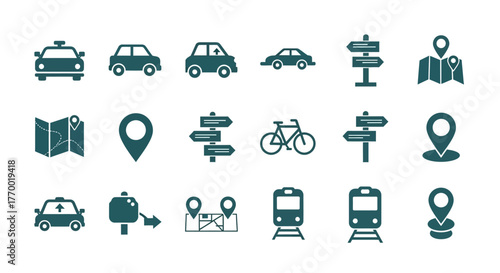 Collection of flat transportation and navigation vector icons for travel. EPS Editable