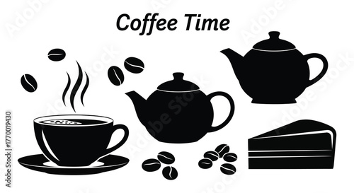 A delightful coffee time scene featuring a steaming cup of coffee teapots and a slice of cake in a classic silhouette style
