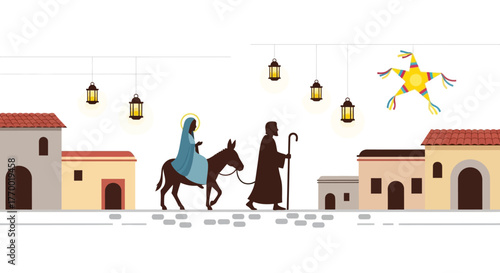 A nativity scene depicting Mary riding a donkey led by Joseph through a village street decorated with lanterns and a piñata