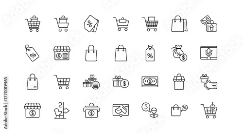 Collection of Shopping Icons Cart Bag Tag Money and Store Symbols for Commerce. EPS Editable