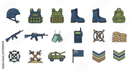 Military equipment icons set with helmet vest rifle radio boots and ranks. EPS Editable
