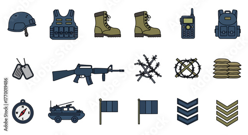 Military equipment icons set featuring helmet vest boots rifle radio vehicle flags and rank insignia. EPS Editable
