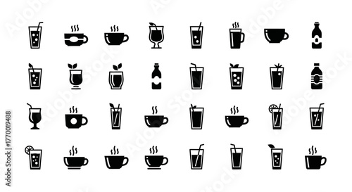 A comprehensive set of black glyph icons for various drinks and beverages. EPS Editable