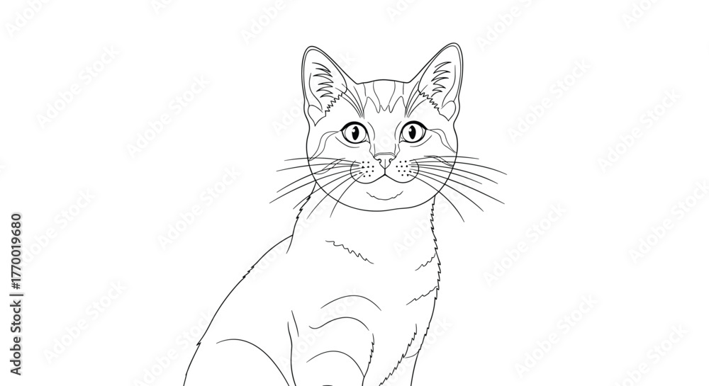 Obraz premium Black and white line drawing of a domestic shorthair cat with detailed facial features and whiskers looking forward.