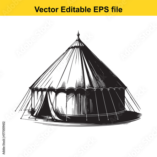 Vintage circus tent illustration, a classic conical marquee with detailed fabric and rope supports