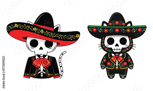 Cute skeleton cat duo festive dia de los muertos mariachi hats fun cartoon