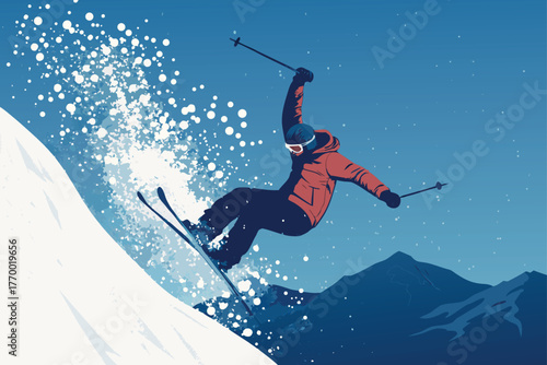 Extreme skier flips high on a snowy mountain slope.