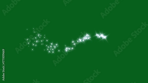 Glowing fairy dust sparkle animation, magic glitter stars trail, white and gold shimmer swirl, shining bokeh light burst, fast line glitter motion, elegant sparkle dust line motion on green screen. 4k