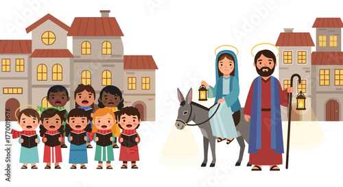 A nativity scene shows Mary on a donkey Joseph and a childrens choir in a village