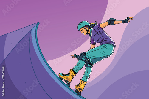 Extreme rollerblader spins in a halfpipe.