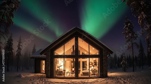 Enchanting wooden cabin in a snowy winter landscape, brilliantly lit by the mesmerizing Northern Lights. A serene and cozy retreat offering a spectacular view of the celestial phenomenon