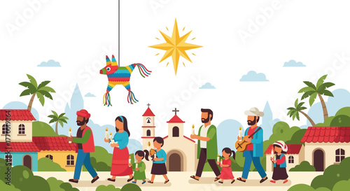 A Posada procession with people a piñata and a star