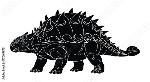 Detailed black silhouette illustration of an Ankylosaurus, a heavily armored dinosaur, featuring prominent spikes and a powerful tail club.