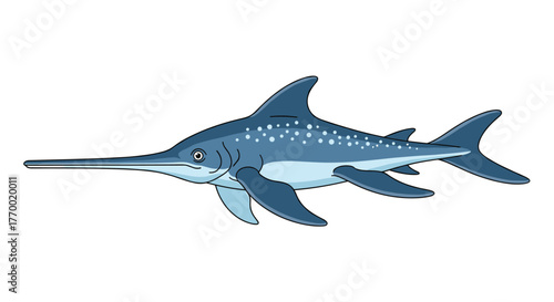 A colorful digital illustration of a prehistoric marine animal, likely an ichthyosaur, featuring a long pointed snout, blue spotted skin, and prominent fins.