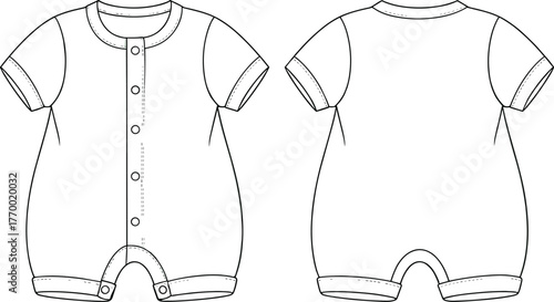 Baby romper technical sketch, front and back view, short sleeve, button placket, fashion flat, apparel design, vector illustration, minimalist style