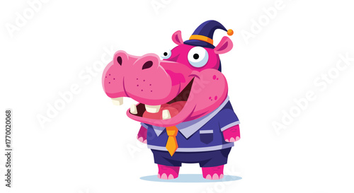 A cheerful cartoon hippo wearing a business suit and a whimsical hat smiles brightly, standing isolated against a white background.