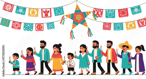 A procession of families bearing candles walks below colorful paper decorations and a piñata