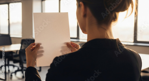 Blank Paper Document Held by Professional Woman in Modern Office Setting