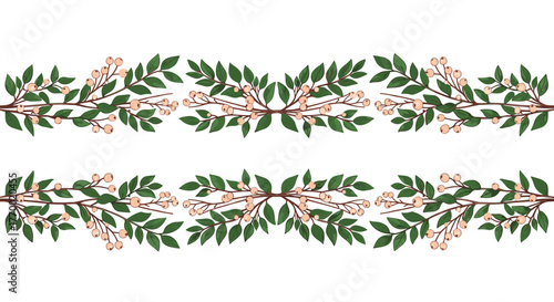 Decorative botanical border with green leaves and delicate light berries, arranged in two symmetrical horizontal patterns on a white background.