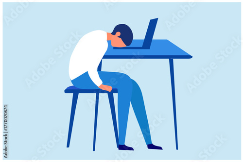 Stressed businessman working hard in office. Headache and exhausted vector illustration