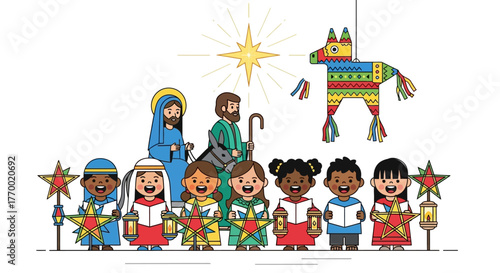 Cartoon depiction of a biblical nativity scene with diverse kids holding stars and lanterns beside Joseph Mary and a piñata